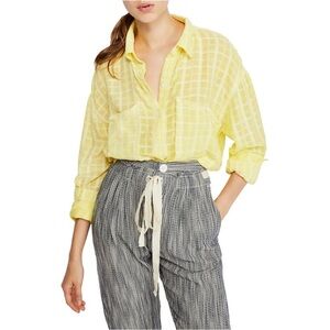 Free People Yellow Button Down Blouse Loveland Woven Long Sleeve Women’s Medium
